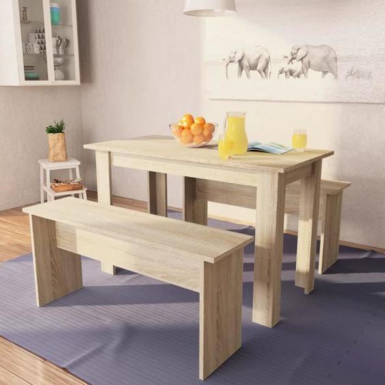 Table de salle à manger et bancs 3 pcs style contemporain Scandinave -1 Table + 2 bancs 2 Personnes Aggloméré Chêne