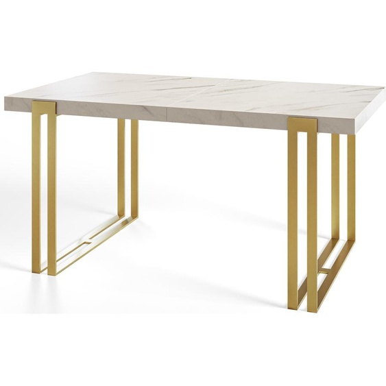 Table de salle à manger, rectangulaire, extensible, dimensions : 120-220 x 80 x 77 cm, table de salon, couleur : marbre, avec pieds en métal de couleur dorée