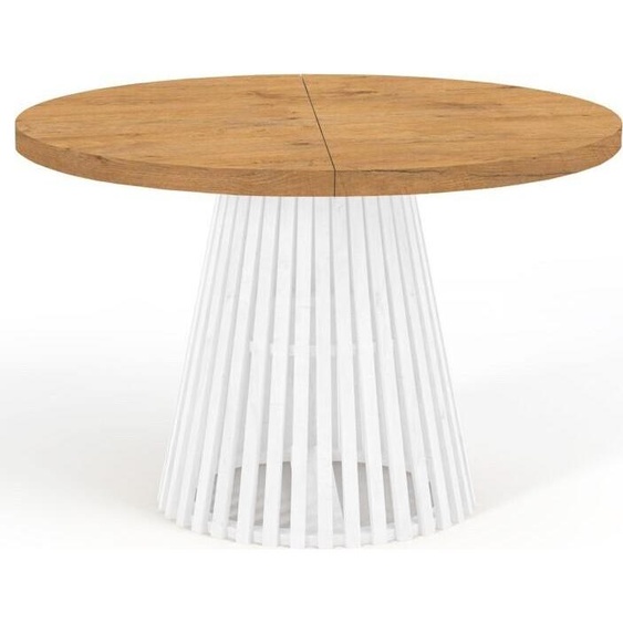 Table de salle à manger ronde DOVER à lattes, diamètre : 90 / 140 cm, couleur : chêne lancelot / blanc