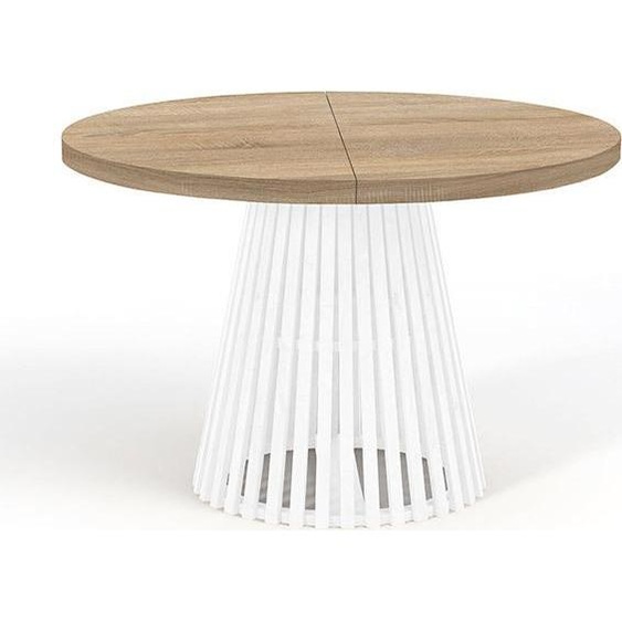 Table de salle à manger ronde DOVER à lattes, diamètre : 90 / 140 cm, couleur : chêne sonoma / blanc