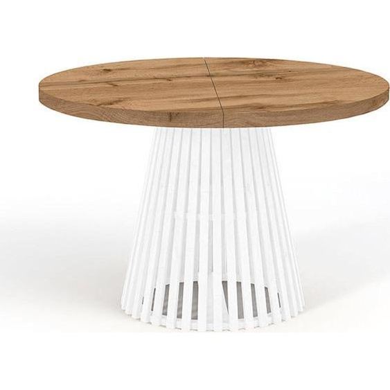 Table de salle à manger ronde DOVER à lattes, diamètre : 90 / 140 cm, couleur : chêne wotan / blanc