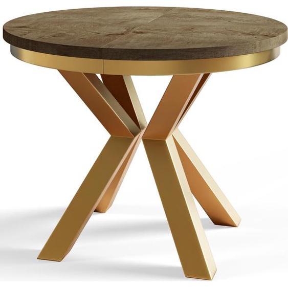 Table de salle à manger ronde LOFT, table extensible diamètre : 120 cm/200 cm, table de salon couleur : brun foncé, avec pieds métalliques couleur or