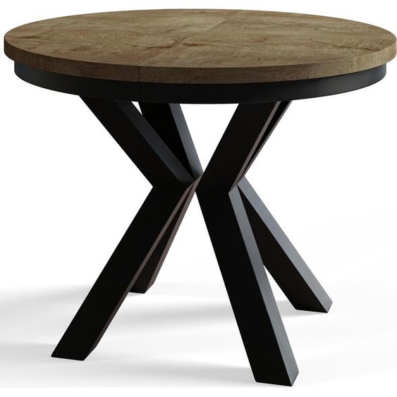 Table de salle à manger ronde LOFT, table extensible diamètre : 120 cm/200 cm, table de salon couleur : brun foncé, avec pieds métalliques de couleur noire