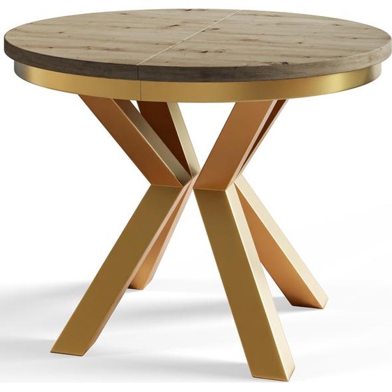 Table de salle à manger ronde LOFT, table extensible diamètre : 120 cm/200 cm, table de salon couleur : brun mat, avec pieds métalliques couleur or