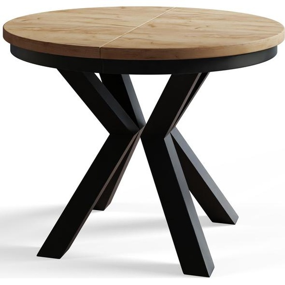 Table de salle à manger ronde LOFT, table extensible diamètre : 120 cm/200 cm, table de salon couleur : marron, avec pieds métalliques de couleur noire