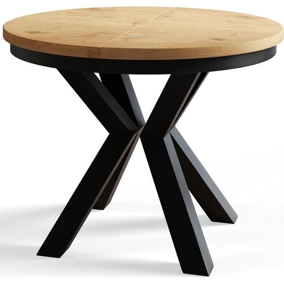 Table de salle à manger ronde LOFT, table extensible diamètre : 120 cm/200 cm, table de salon couleur : marron clair, avec pieds métalliques de couleur noire