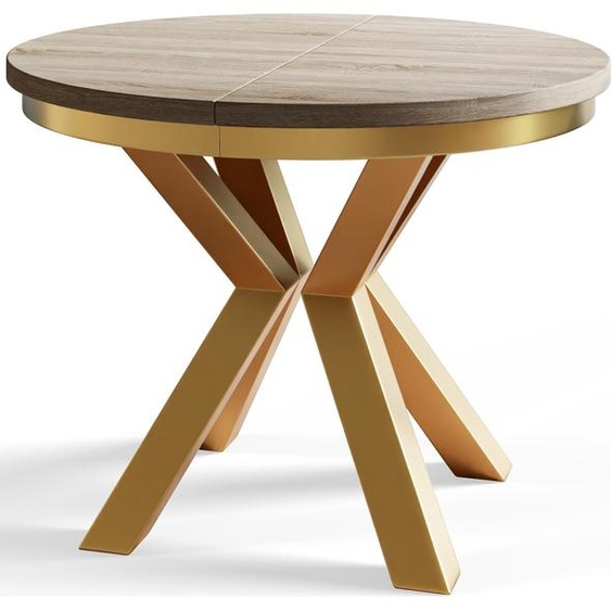 Table de salle à manger ronde LOFT, table extensible diamètre : 120 cm/200 cm, table de salon couleur : noir, avec pieds en métal couleur or