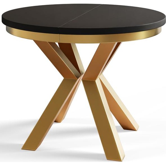 Table de salle à manger ronde LOFT, table extensible diamètre : 120 cm/200 cm, table de salon couleur : noir, avec pieds en métal couleur or