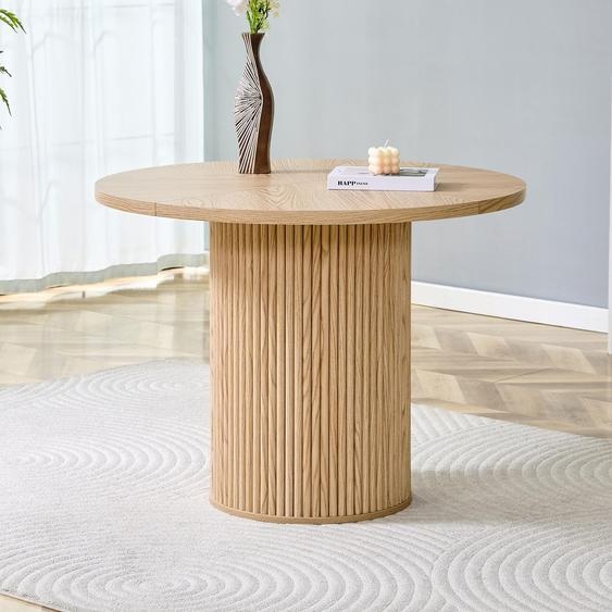 Table de salle à manger ronde, Ø 100 cm, en MDF aspect bois clair – Table moderne à pied central pour 4 à 6 personnes, avec pied métallique et système de fixation par velcro
