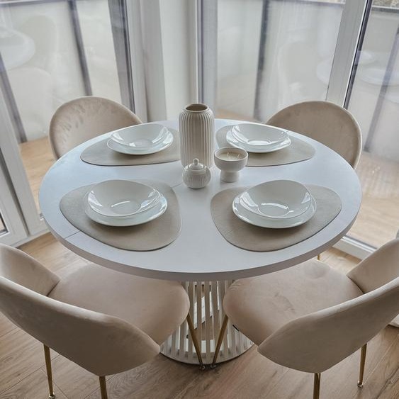 Table à manger ronde blanche DOVER 90/190 cm extensible, avec piètement à lattes – style industriel, loft