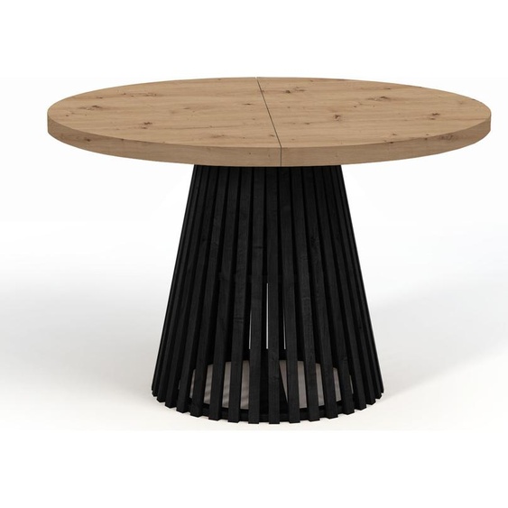 Table de salle à manger ronde pliante, DOVER - style industriel/loft avec pieds à lattes, diamètre : 110 / 210 cm, couleur : chêne artisanal / noir