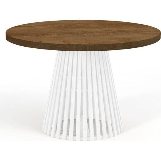 Table de salle à manger ronde pliante, DOVER - style industriel/loft avec pieds à lattes, diamètre : 110 / 210 cm, couleur : chêne lefkas / blanc