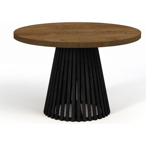Table de salle à manger ronde pliante, DOVER - style industriel/loft avec pieds à lattes, diamètre : 120 / 220 cm, couleur : chêne lancelot / noir