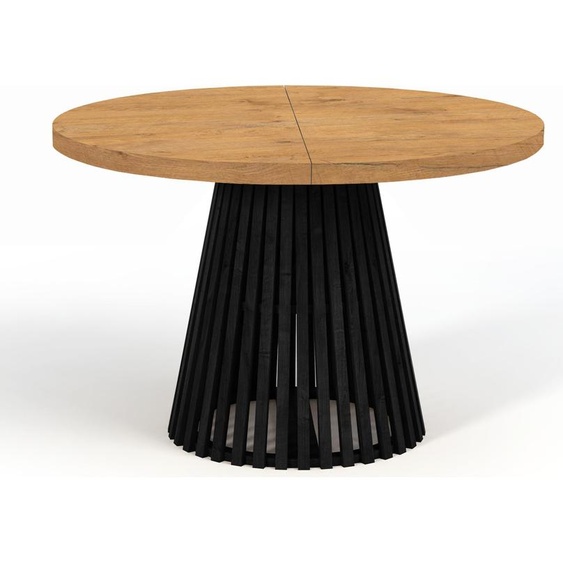 Table de salle à manger ronde pliante, DOVER - style industriel/loft avec pieds à lattes, diamètre : 120 / 220 cm, couleur : chêne lancelot / noir
