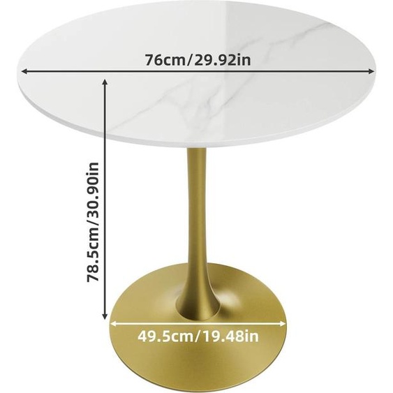Table de salle à manger ronde - Table à colonne - Plateau de table en céramique frittée, aspect marbre - Hauteur 78,5 cm - Pour 4 personnes - Style moderne - Blanc/Doré