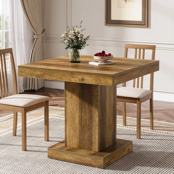 Table de salle à manger rustique - Table de cuisine carrée pour 4 personnes - 90 x 90 x 40 cm - Plateau en bois - Piètement massif en forme de colonne - Marron rustique