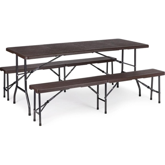 Table de traiteur 180cm + 2 bancs Set de banquet marron ModernHome