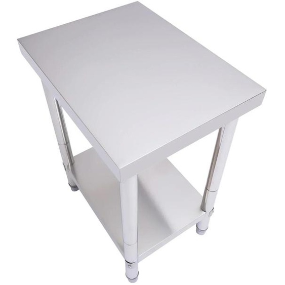 Table de travail, acier inoxydable, 2 étagères, argent