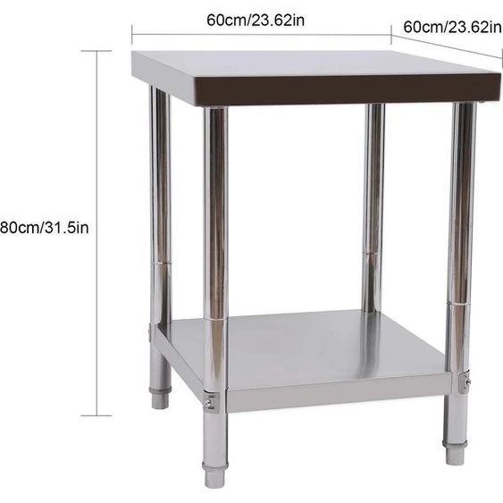 Table de travail en acier inoxydable - Table de cuisine pour la restauration - 60 x 60 x 80 cm - Acier inoxydable 201 - Rangement à deux niveaux - Avec pieds - Argent