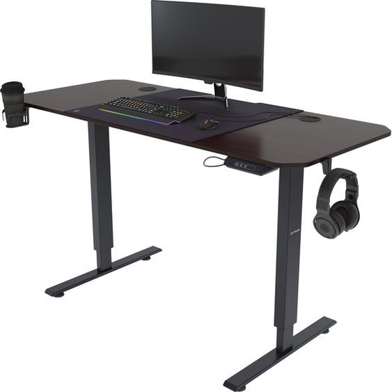 Table électrique réglable en hauteur Table ergonomique avec pieds en acier Écran tactile Fonction mémoire Crochet pour casque Porte-gobelet 140 x 60 cm, Couleur :  Anthracite-Noyer