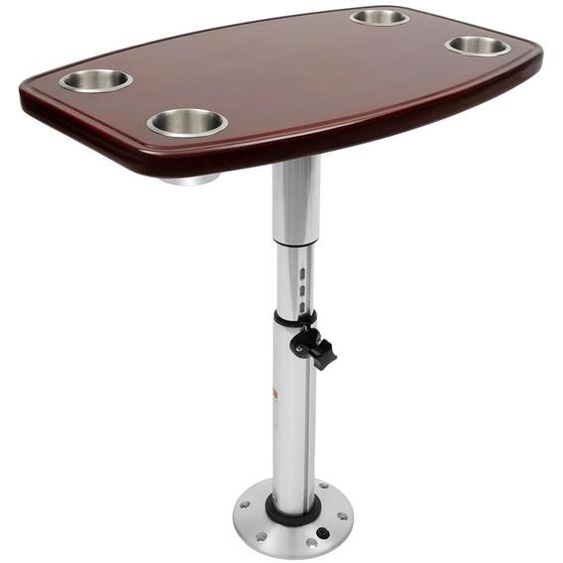Table en bois massif pour camping-car ou bateau - Table à colonne réglable en hauteur - Plateau 60 × 38 × 3 cm - Hauteur 55,5–70,5 cm - 4 porte-gobelets - Charge max. 25 kg - Marron foncé/argent