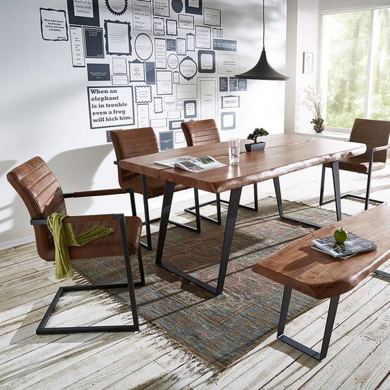 Table en tronc darbre Live-Edge 180x100 acacia brun Plateau 5,5 cm Piétement incliné noir, Tables de salle à manger, Baumkantenmöbel, Massivholzmöbel, Massivholz