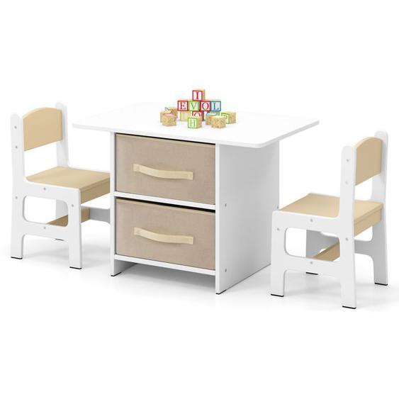 Table Enfant avec 2 Chaises - COSTWAY - 2 Tiroirs en Tissu & Puzzle - en Bois avec Design Ergonomique - Coins Arrondis - Beige