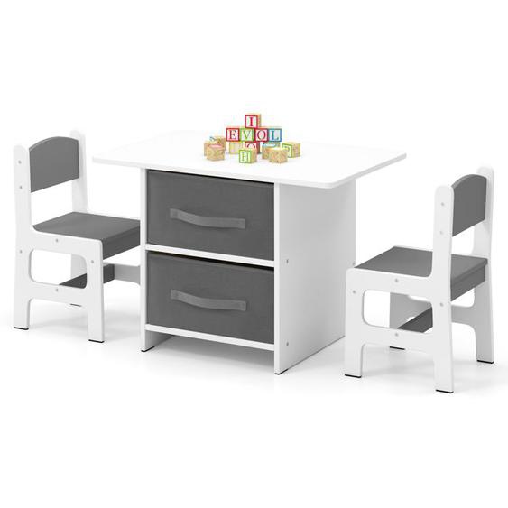 Table Enfant avec 2 Chaises - COSTWAY - 2 Tiroirs en Tissu & Puzzle - en Bois avec Design Ergonomique - Coins Arrondis - Gris