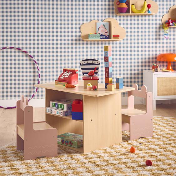 Table Enfant Décor Bois 1 Étagère 2 Chaises Azur Rose