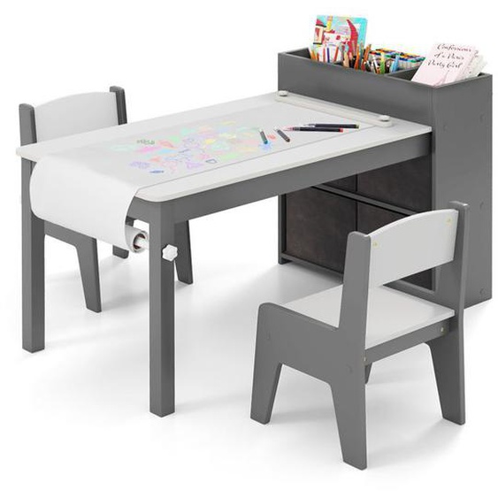 Table et 2 Chaises Enfant - COSTWAY - Support et Rouleau de Papier - Étagères Ouvertes - 4 Bacs en Tissu Rangements - Gris