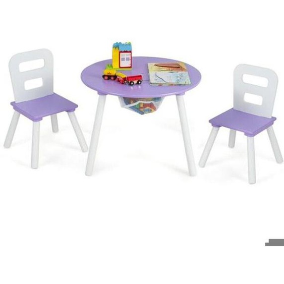 Table et 2 Chaises Enfants - DREAMADE - Poches en Filet - Pieds en Bois Massif - Charge 50KG - 3-7 Ans - 53X53X44CM - Violet