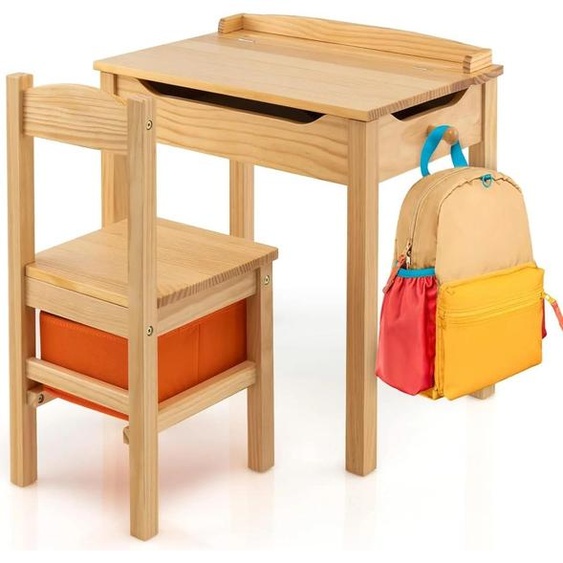 Table et chaise pour enfants - Ensemble de meubles pour enfants - Bois massif - Plateau rabattable - Avec espace de rangement - Assemblage requis - Jaune