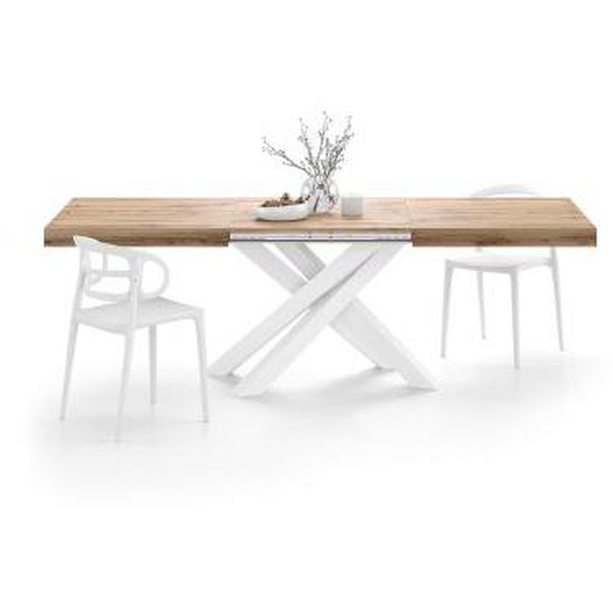 Table extensible Emma avec pieds blancs croisés 160, Bois Rustique