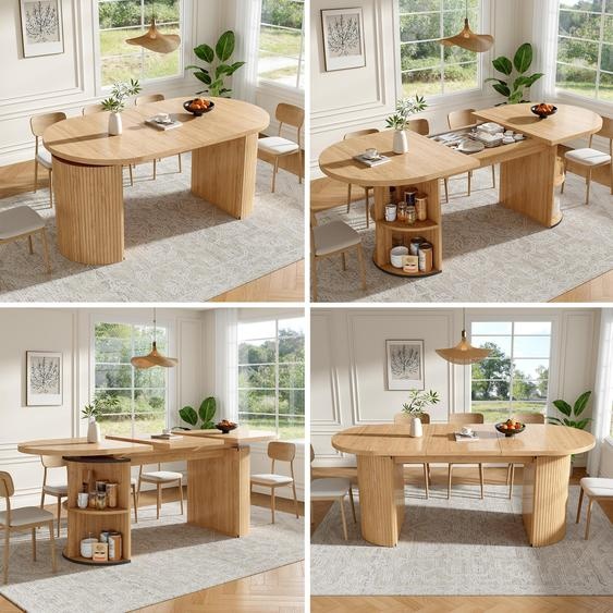 Table extensible, table multifonctionnelle en MDF, couleur marron naturel, réglable, modèle 01-04, avec compartiment de rangement, en matériau composite bois, stable, idéale pour la cuisine, le salon ou le bureau. Table de cuisine