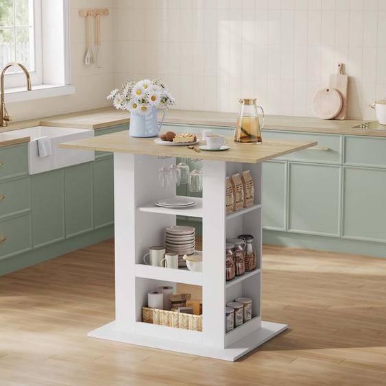 Table Haute Bar WOLTU - Mange Debout avec Rangement - Ilôt Cuisine - 105x68x94cm - Blanc+Chêne Clair