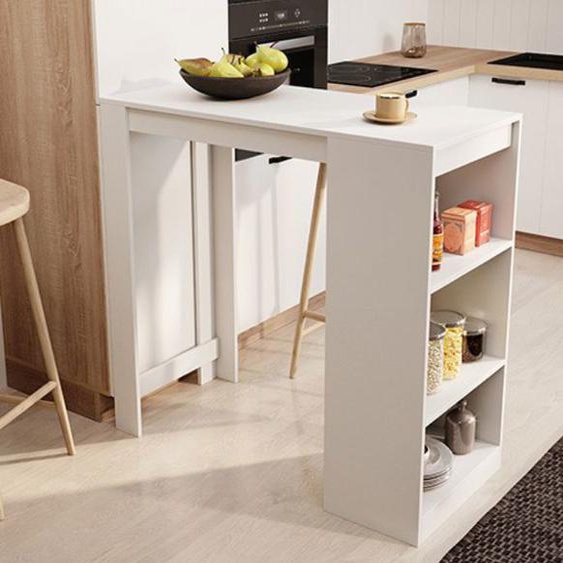 Table haute de bar | 110 x 103 x 50 cm | Couleur Blanc mat | Table de cuisine avec 3 étagères | Modèle Kyra