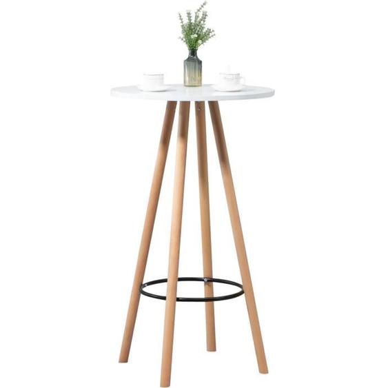 Table haute de bar Livia avec Plateau rond et Pieds en Bois Repose-pieds en Métal , Nature - Blanc