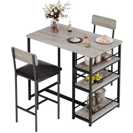 Table Haute de Bar Manger Avec 2 Chaises Rembourrées et 3 Etagères Table de Comptoir Gris