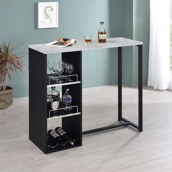 Table haute de bar PIAVA mange-debout comptoir avec 3 étagères dont 1 porte-bouteilles, en métal laqué noir et MDF décor béton