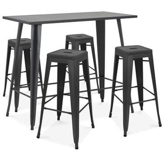 Table haute de jardin et 4 tabourets en métal noir mat