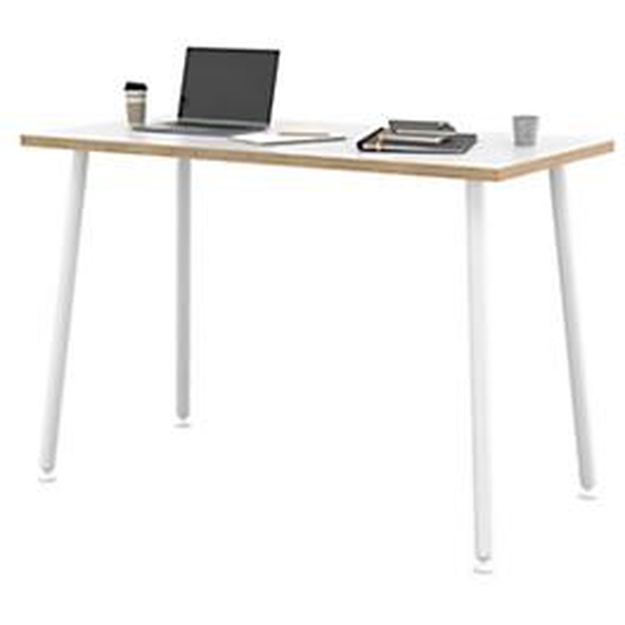 Table haute Halden - L.160 x H.110 x P.80 cm - Plateau Blanc bords Chêne - Pieds métal Blanc