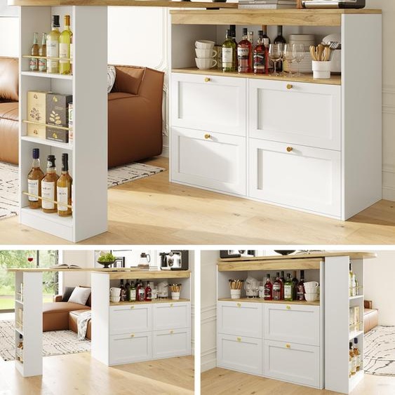 Table haute pivotante à 360° Fortuna Lai (corps 105 x 39 x 102 cm) avec 4 tiroirs et étagères ouvertes, adaptée à la salle à manger/au bureau/au salon, blanche