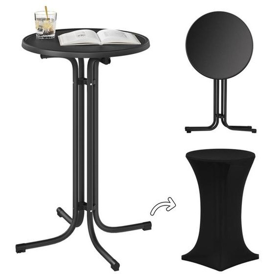 Table Haute Pliante - WOLTU Table bar Ronde - Nappe incluse - Cadre métal - Noir 70x70x110cm