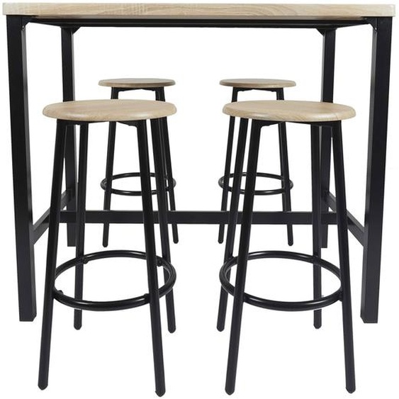 Table mange debout structure métal noir H. 86 cm - Plateau Bois 100 x 60 + 2 tabourets Loka