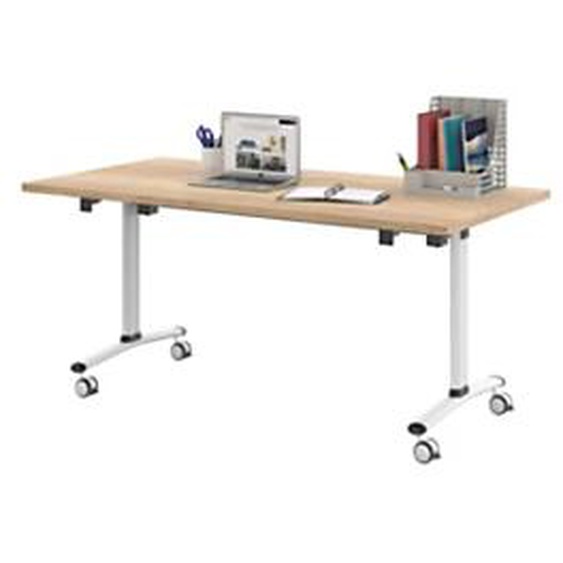 Table mobile rabattable - L.160 x P.80 cm - Plateau Chêne canadien - Pieds Blanc