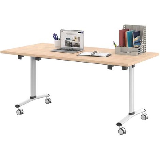 Table mobile rabattable - L.160 x P.80 cm - Plateau Chêne - Pieds Blanc