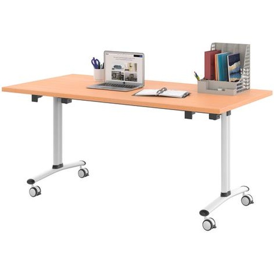 Table mobile rabattable - L.160 x P.80 cm - Plateau Hêtre - Pieds Blanc