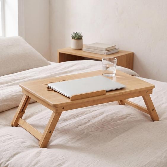 Table pour ordinateur portable MCW-B81, table de lit, table pliante avec orifices daération, pliable et réglable en hauteur, en bambou
