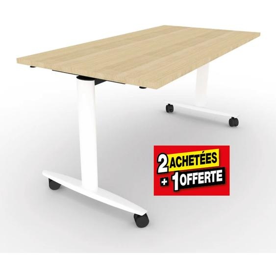 Table rabattable à roulettes PRATIC - L.160 x P.80 cm - Plateau Chêne - Pieds Blanc - Lot de 2 + 1 OFFERT