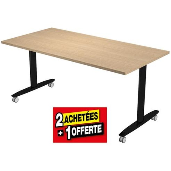 Table rabattable à roulettes PRATIC - L.160 x P.80 cm - Plateau Chêne - Pieds Noir - Lot de 2 + 1 OFFERT